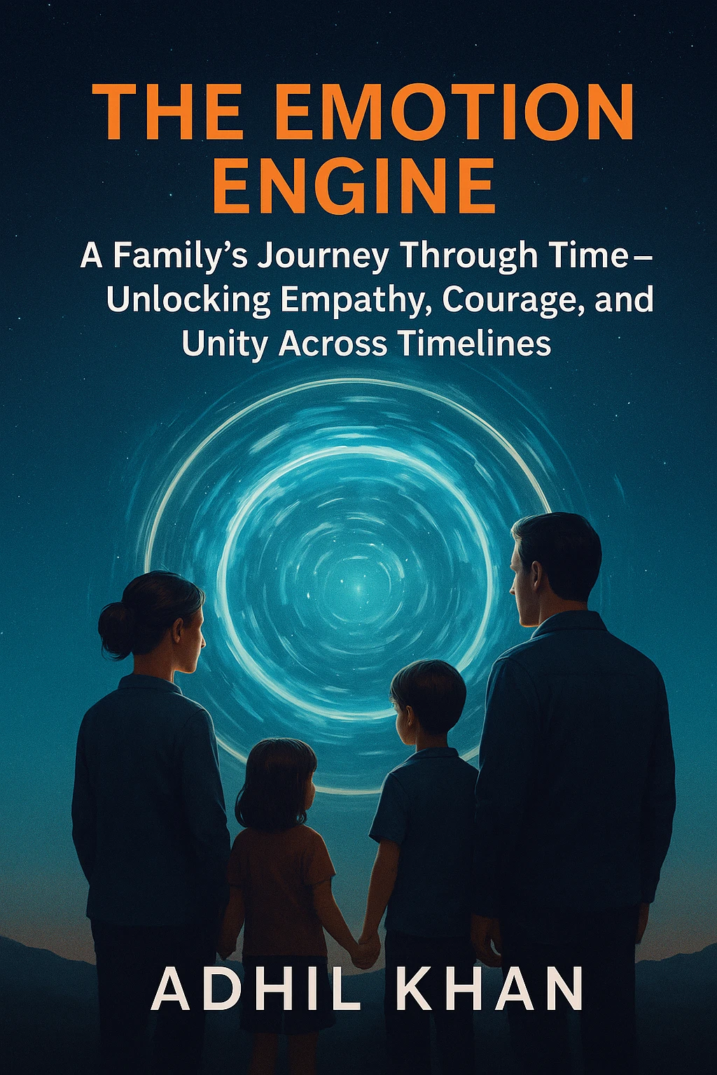 The Emotion Engine book cover featuring the Whitaker family and their revolutionary time-travel device