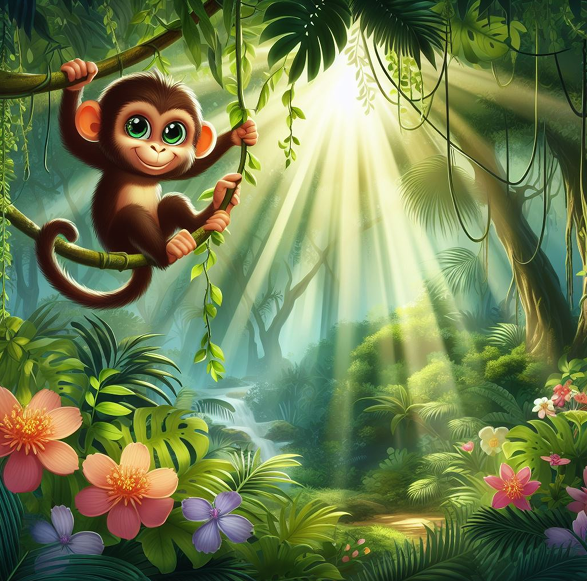 Momo the monkey character illustration in vibrant jungle setting