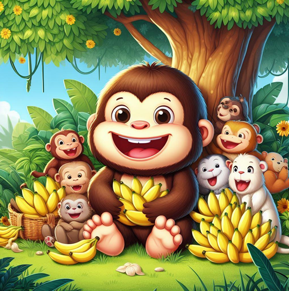 Momo sharing bananas with friends in the jungle