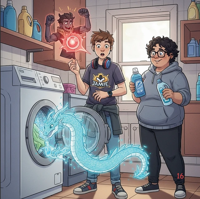 The Water Wyrm battle scene in this humorous children's comic book