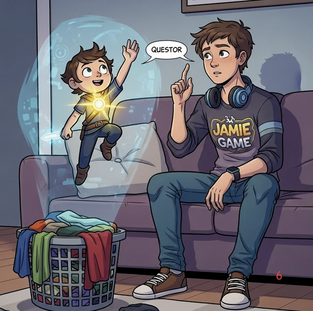 Illustration showing Jamie and Alex sorting laundry in the children's graphic novel