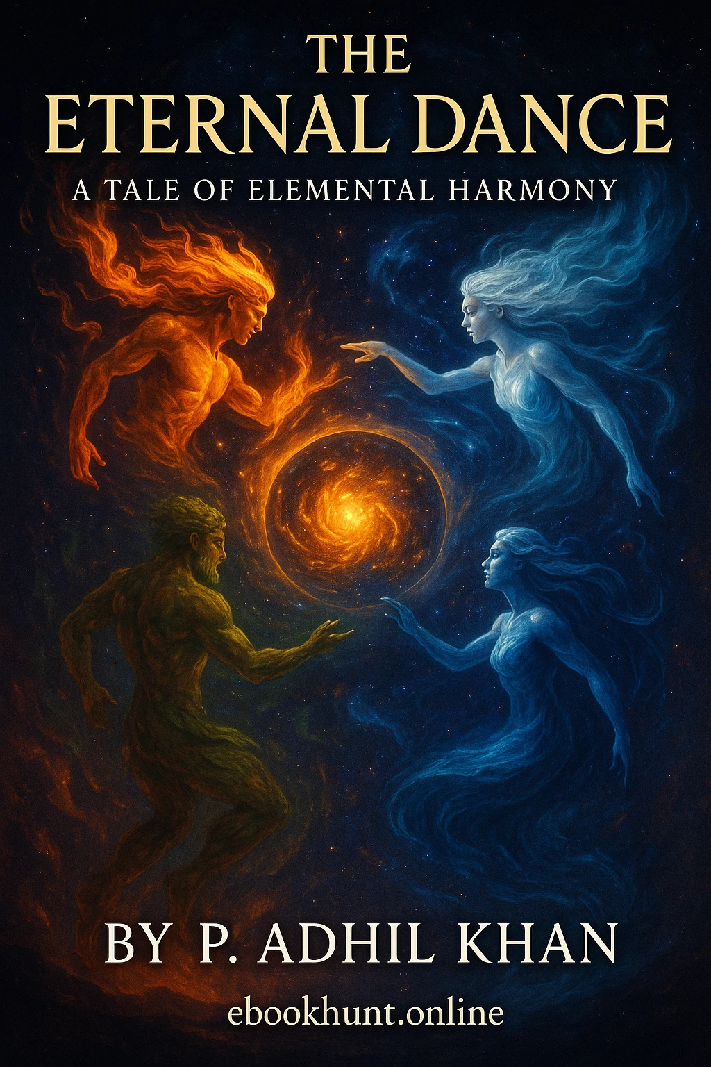 The Eternal Dance Elemental Harmony book cover featuring fire water earth air elements cosmic harmony