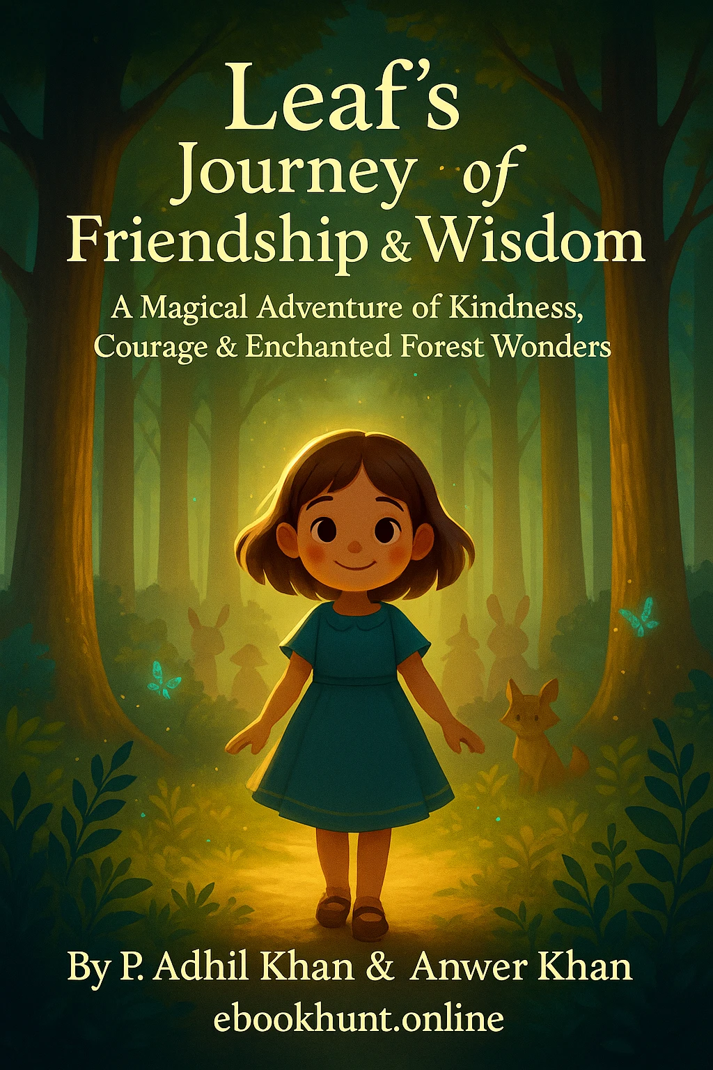 Leaf in the enchanted forest surrounded by magical beings—cover art for Leaf's Journey of Friendship and Wisdom enchanted forest story
