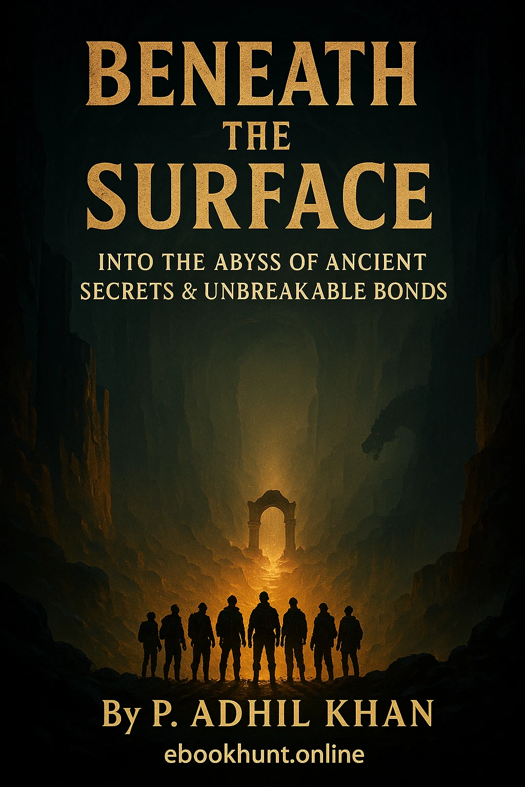 Epic cover art for Beneath the Surface adventure novel featuring explorers descending into mysterious depths