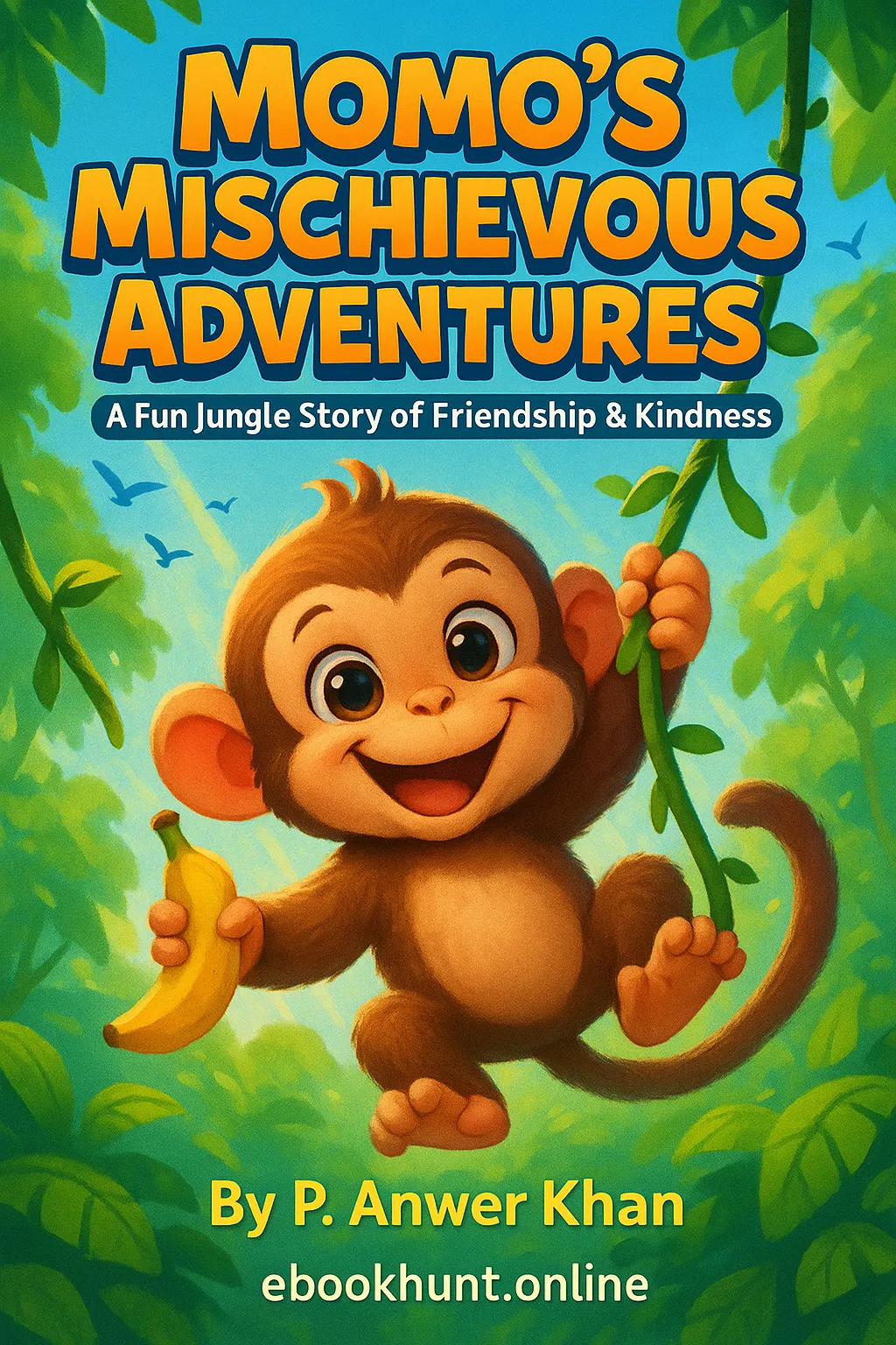 Momo's Mischievous Adventures book cover featuring playful monkey in jungle setting