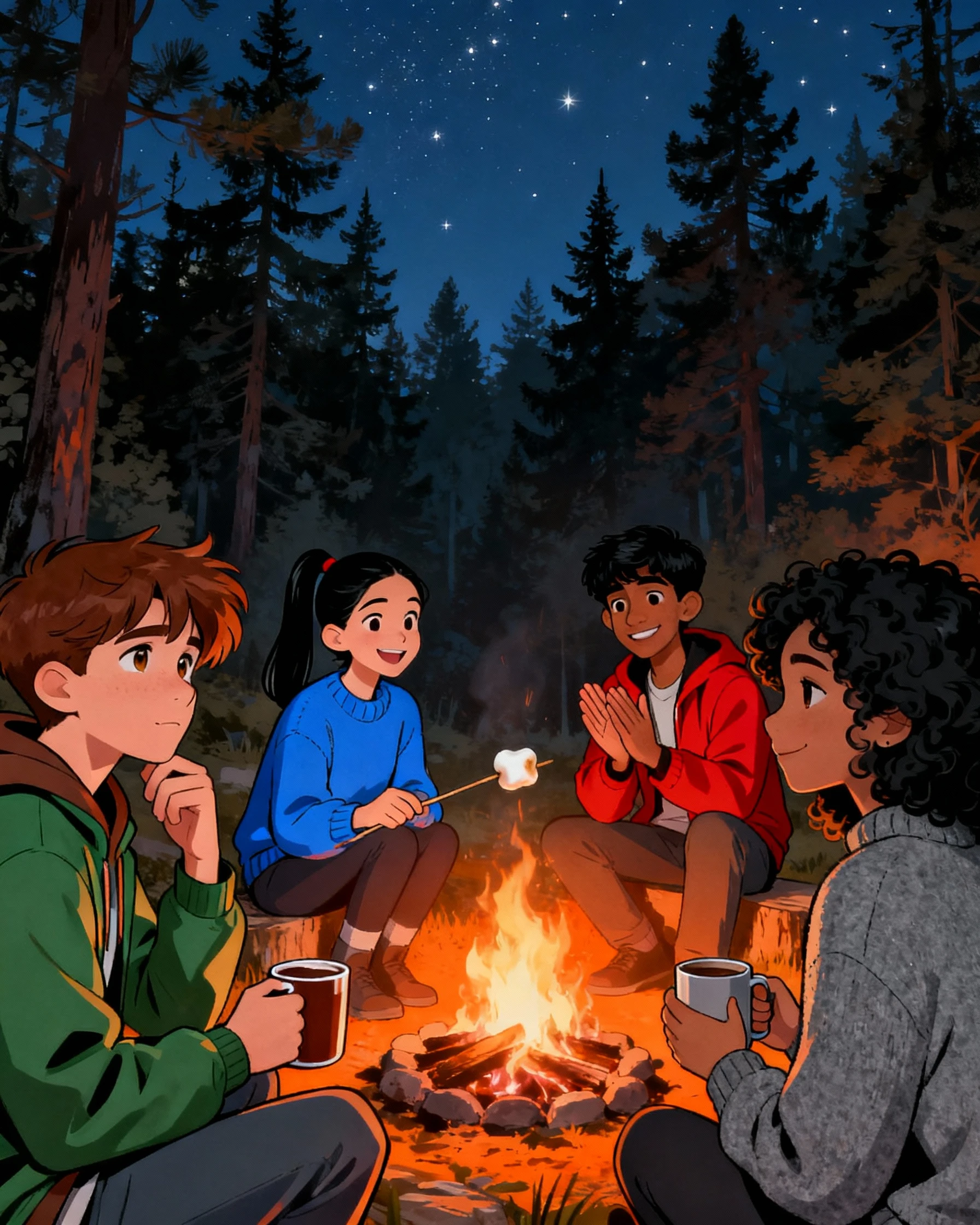 Characters gathering around a campfire sharing stories at night—demonstrating emotional connection in the resurrection comic story for kids