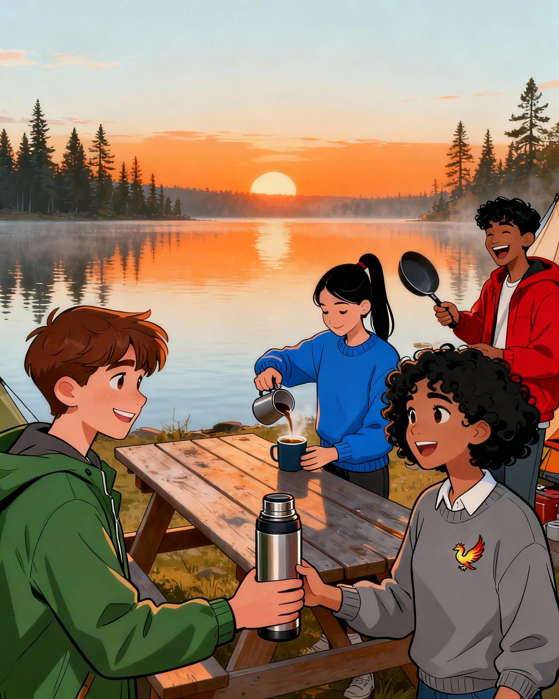 Characters working together by a lake making memories—illustrating the power of connection in resurrection comic story for kids