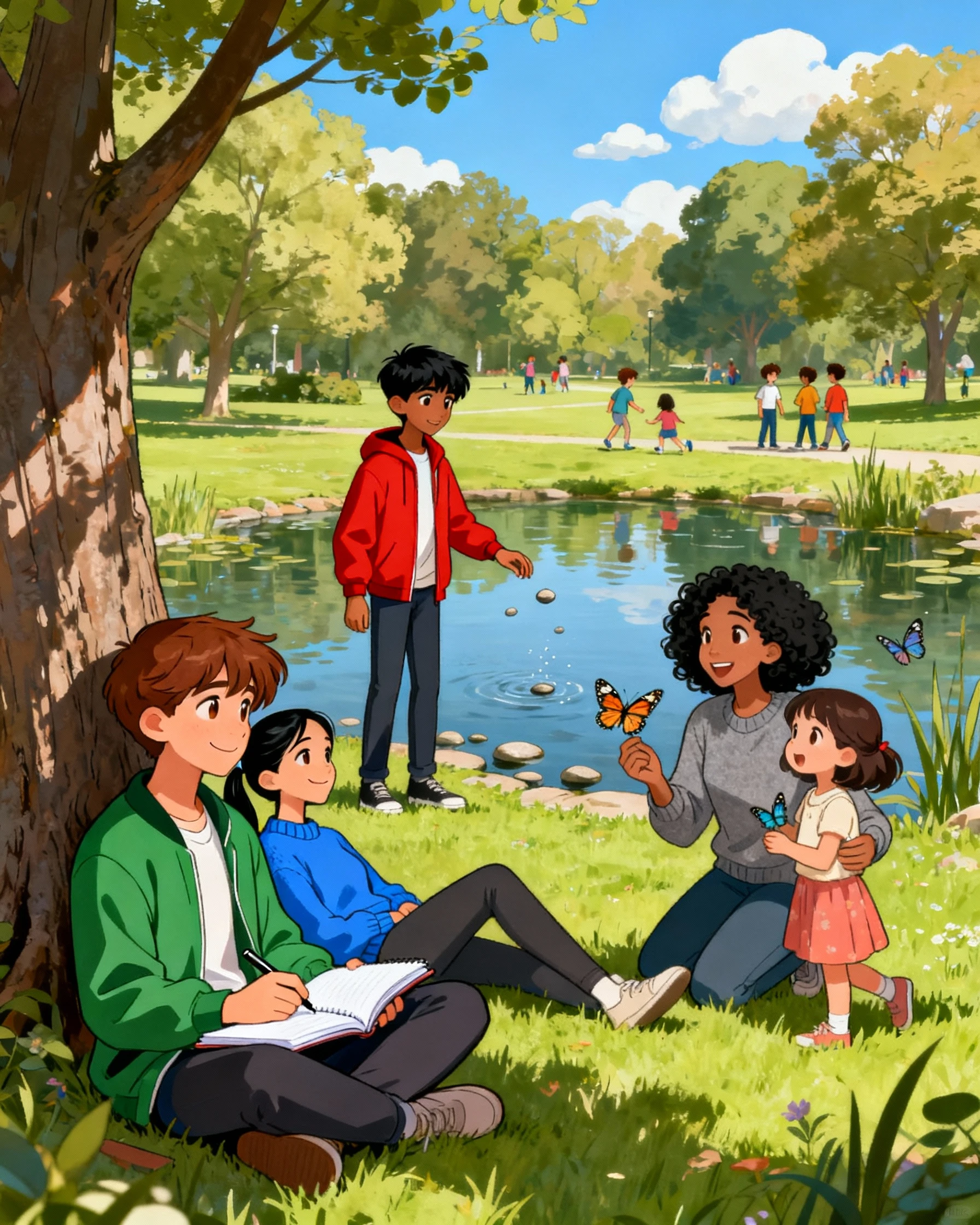 Friends sitting under a tree enjoying together—the bonds that form in resurrection comic story for kids