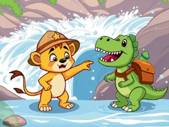 Leo and Dino building a raft to cross the river in The Quest for Knowledge showing teamwork