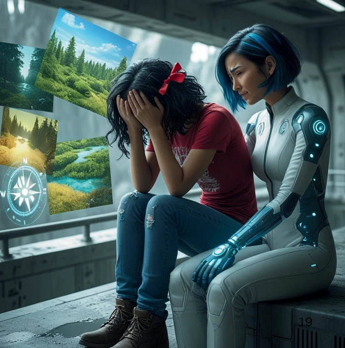 Maya and Nani planning the Earth Guardians environmental movement - action scene from The Echoes of Tomorrow