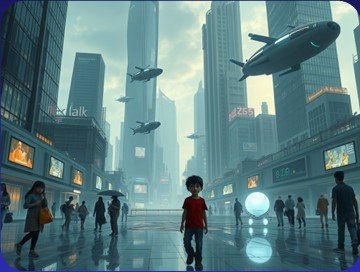 Futuristic city scene from The Secret of the Talking Clock showing hovering vehicles and advanced technology