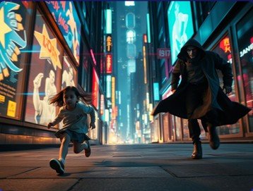 Scene from The Secret of the Talking Clock showing Karthik meeting the Time Rogue in the futuristic city