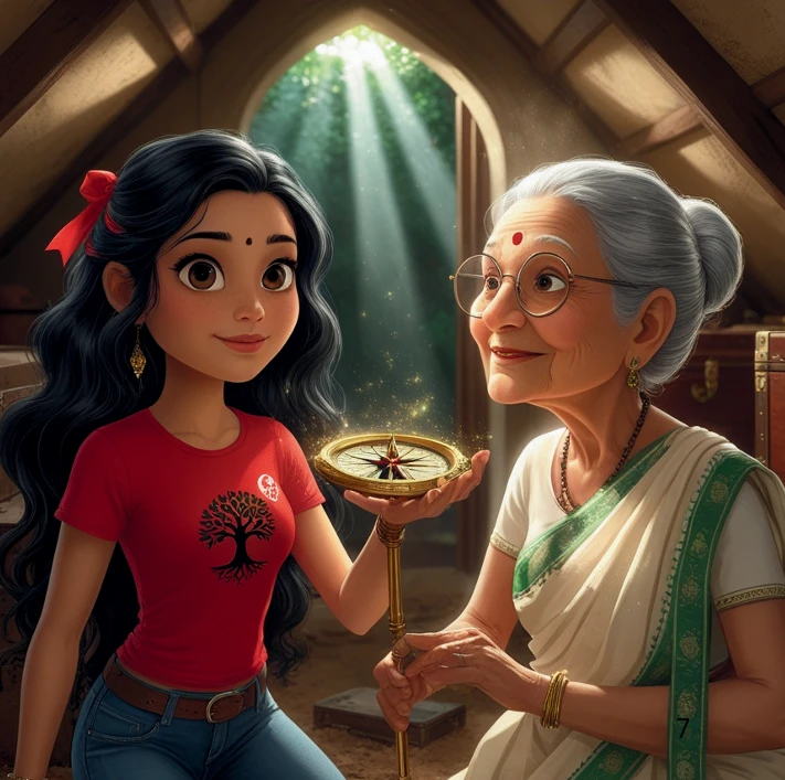 Young Maya discovering the glowing magical compass in grandmother's dusty attic - opening scene from The Echoes of Tomorrow