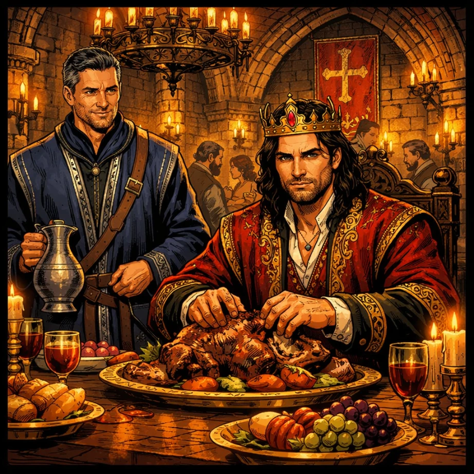 A pivotal moment from The Shadow Throne book showing King Armando in disguise among his people