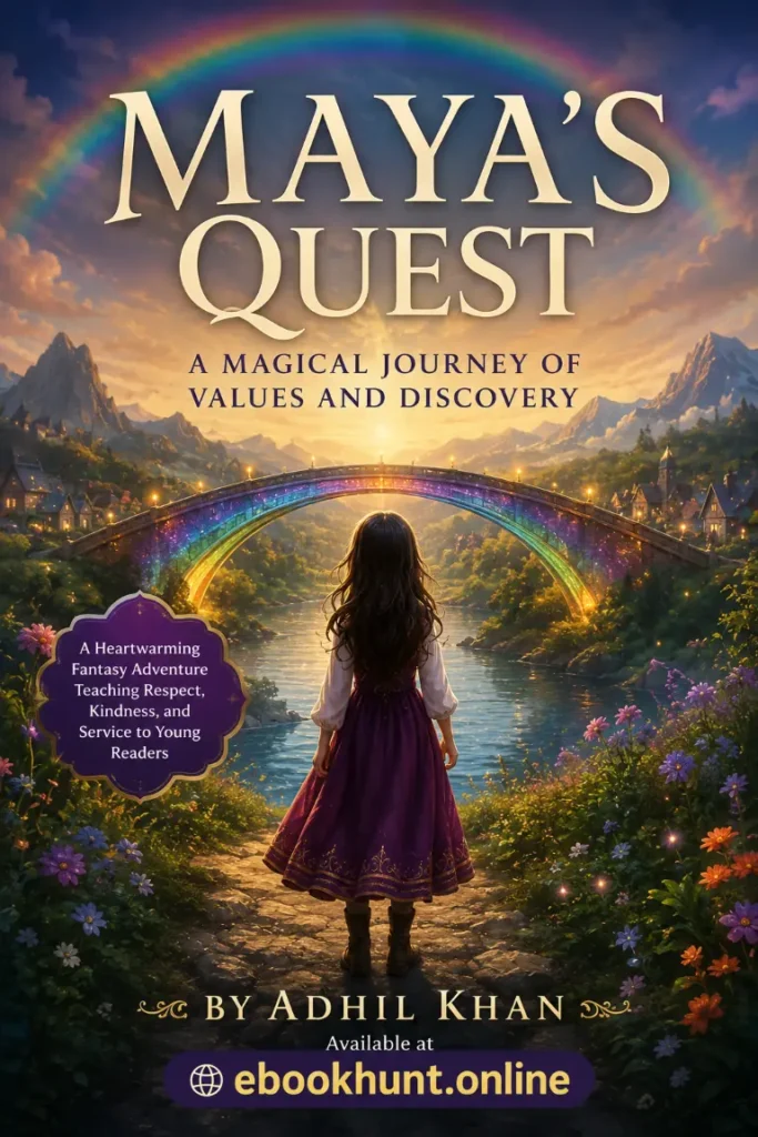 Maya's Quest book review cover art of a girl walking toward a glowing rainbow bridge