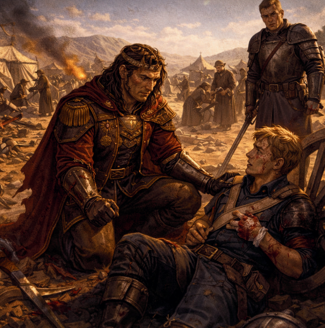 a battlefield aftermath scene showing a king walking among wounded soldiers from both armies