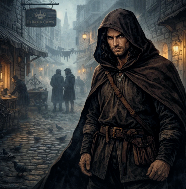 The Shadow Throne protagonist King Armando disguised as a common merchant in the city streets