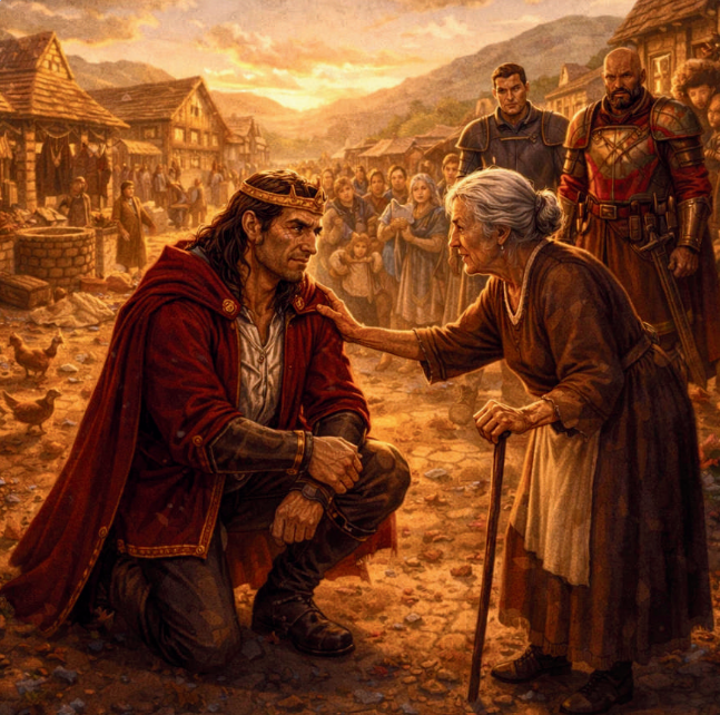 The Shadow Throne scene where the king kneels to listen to a village elder