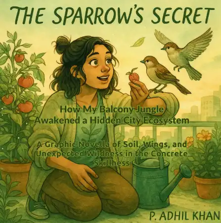 The Sparrow's Secret free book cover with a sparrow, balcony garden, and city skylin