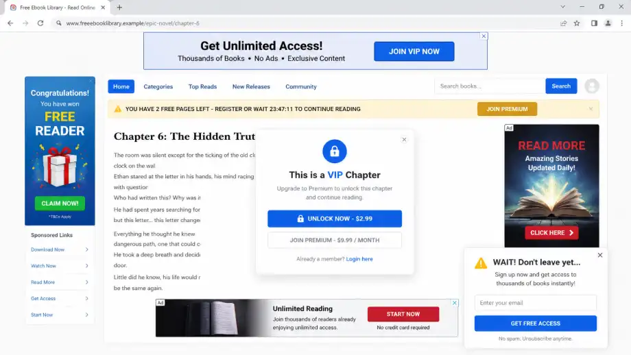 A free ebook site with ads and a VIP paywall interrupting the story, unlike free ebook sites without ads such as ebookhunt.online