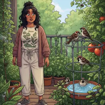 balcony garden with basil, sparrow nest, water dish, and urban wildlife from The Sparrow's Secret