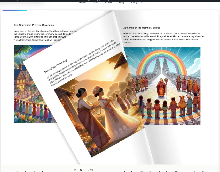 ebookhunt.online 3D page-turning reader open on Maya's Quest book review page