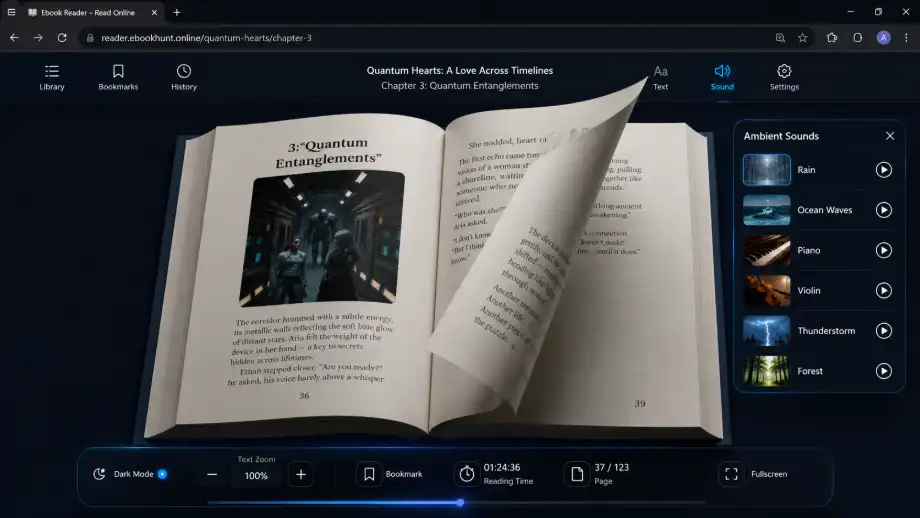 ebookhunt.online reading interface, one of the free ebook sites without ads that includes a 3D page-turn animation