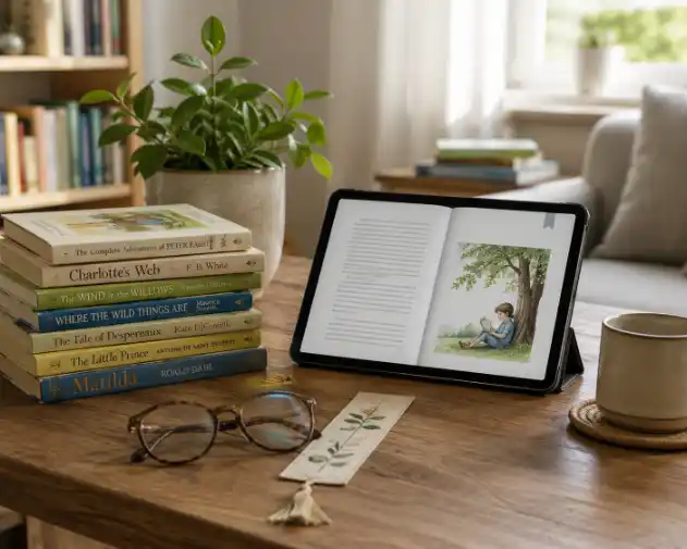 Free books for kids to read online displayed on a tablet beside a stack of children's books in a cozy home reading space.
