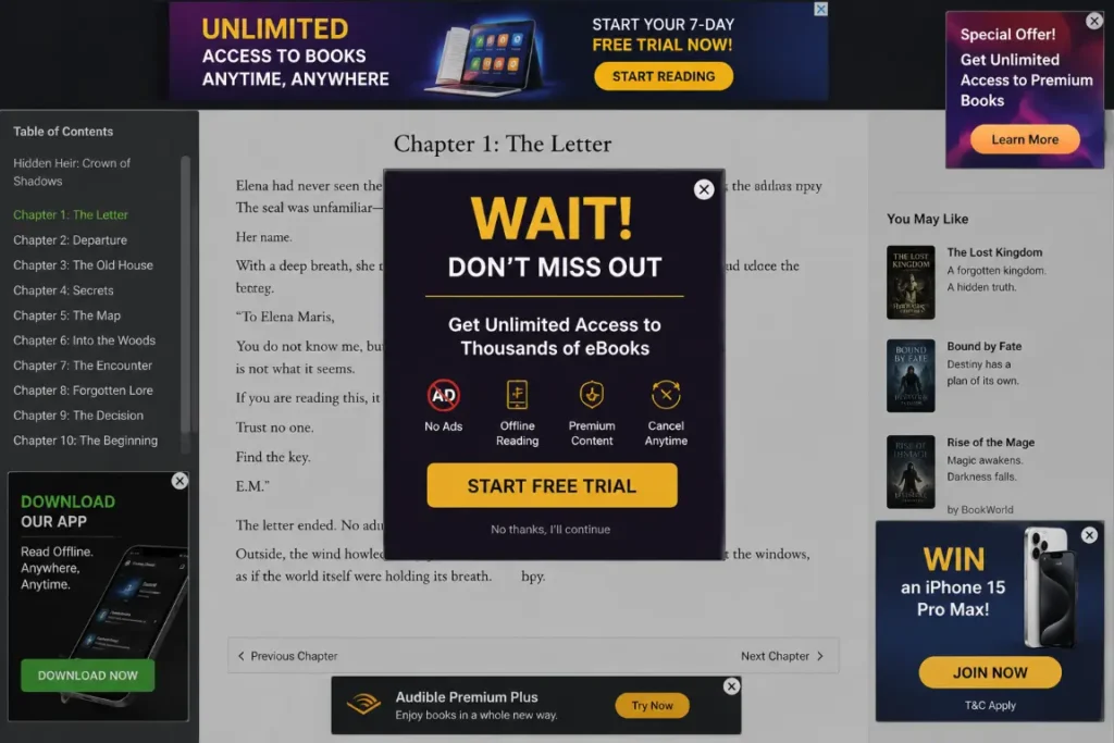 example of intrusive ads on a site offering free books to read online, with an ad covering part of the reading area