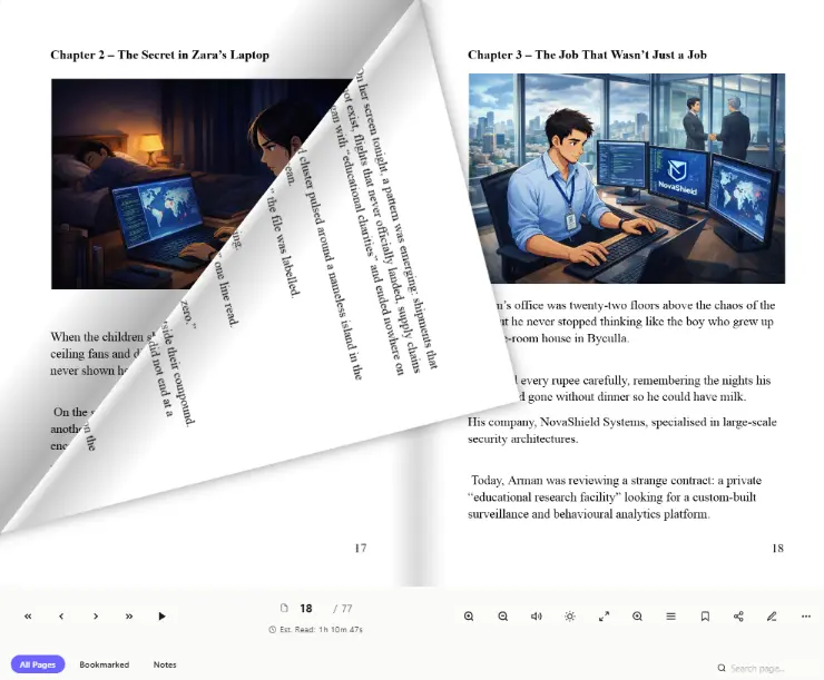 free books to read online with dark mode enabled showing a novel in a page-flip reader
