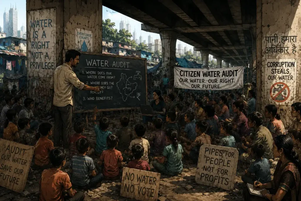 free graphic novel scene citizen water audit protest Mumbai slum