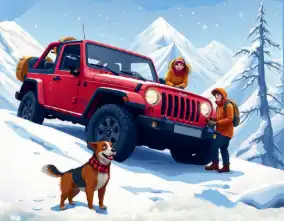 kids adventure story scene of the Mahindra Thor jeep on a snowy mountain rescue
