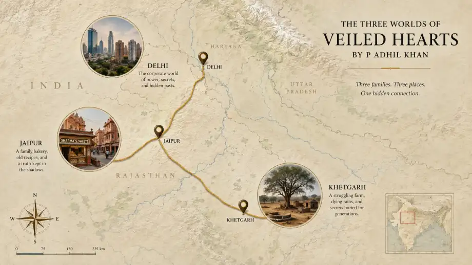 map of the three settings in Veiled Hearts by P Adhil Khan