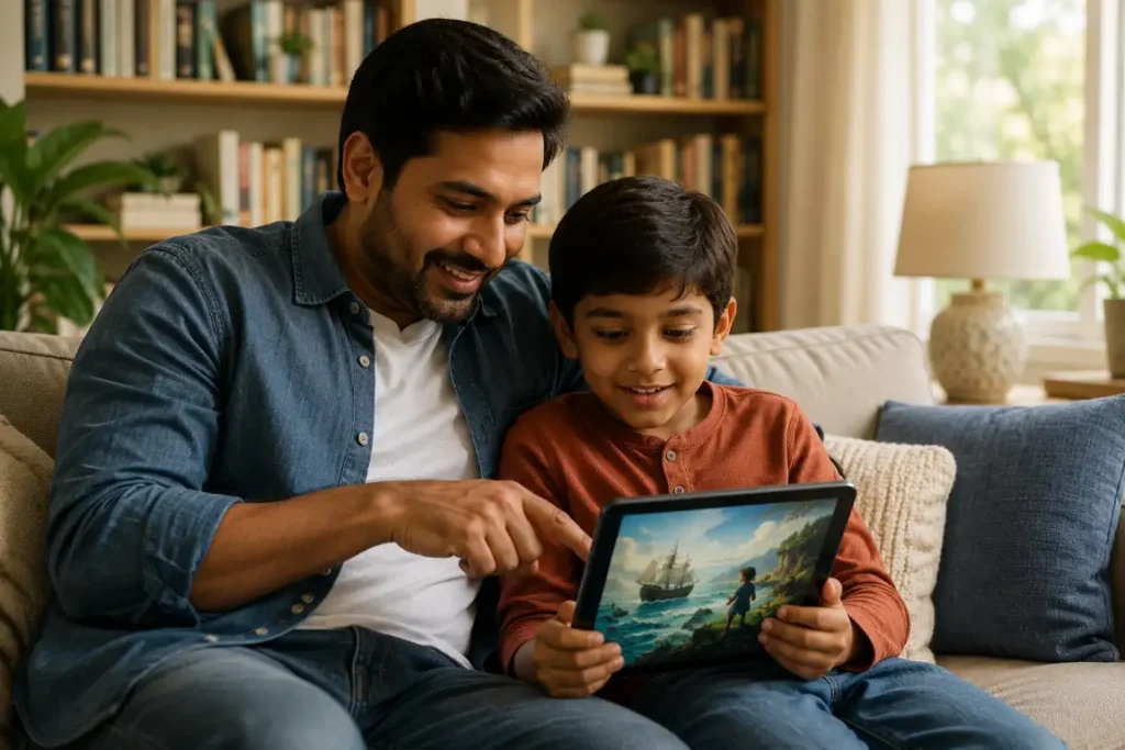 parent and child reading a free children’s book online on a tablet