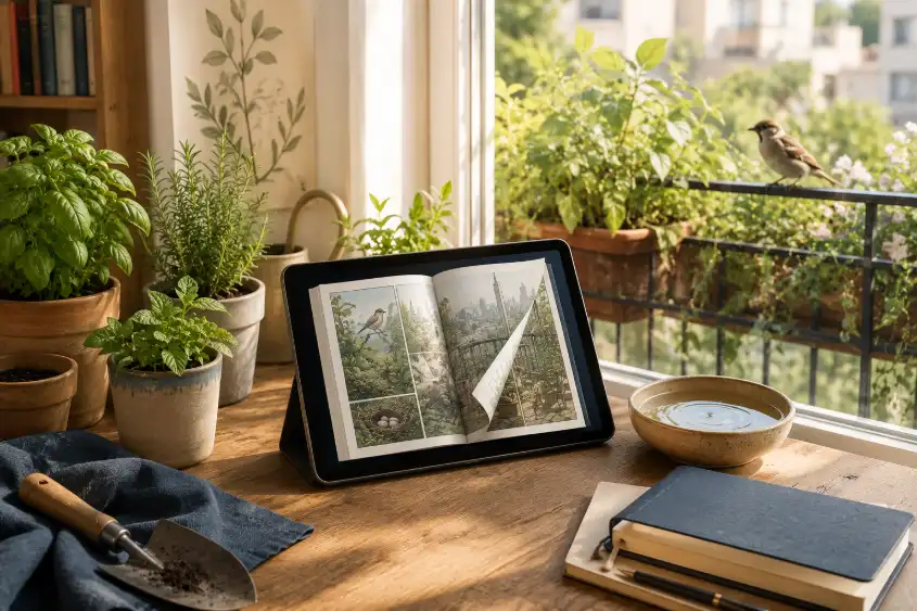 reader exploring The Sparrow's Secret free online beside a small balcony garden