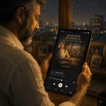 reader holding a device displaying the book with dark mode and ambient rain sound controls visible