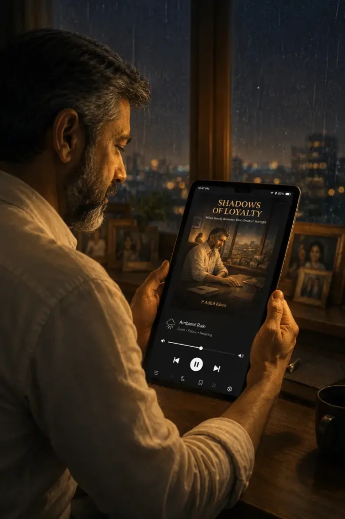 reader holding a device displaying the book with dark mode and ambient rain sound controls visible