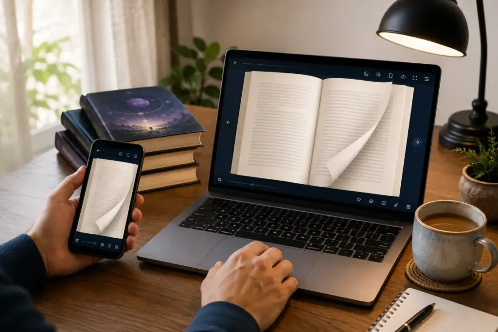 reading free books online in a browser on a phone and laptop