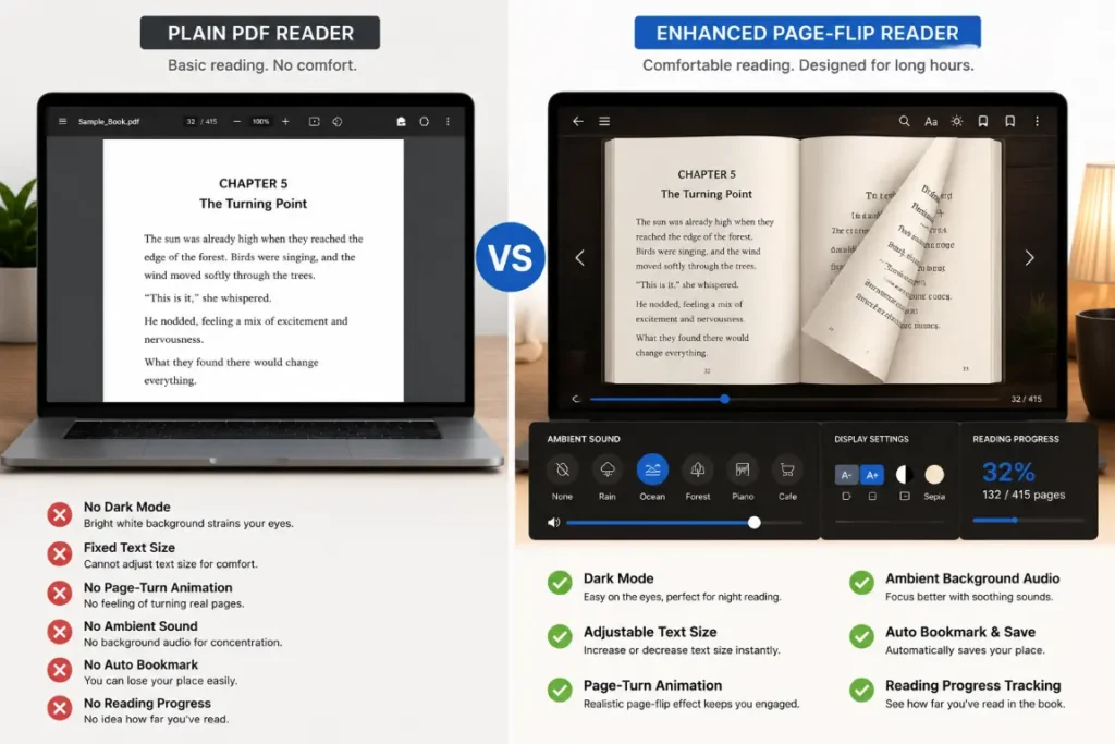 side by side comparison of reading free books to read online on a basic PDF viewer versus a page-flip reader with audio controls