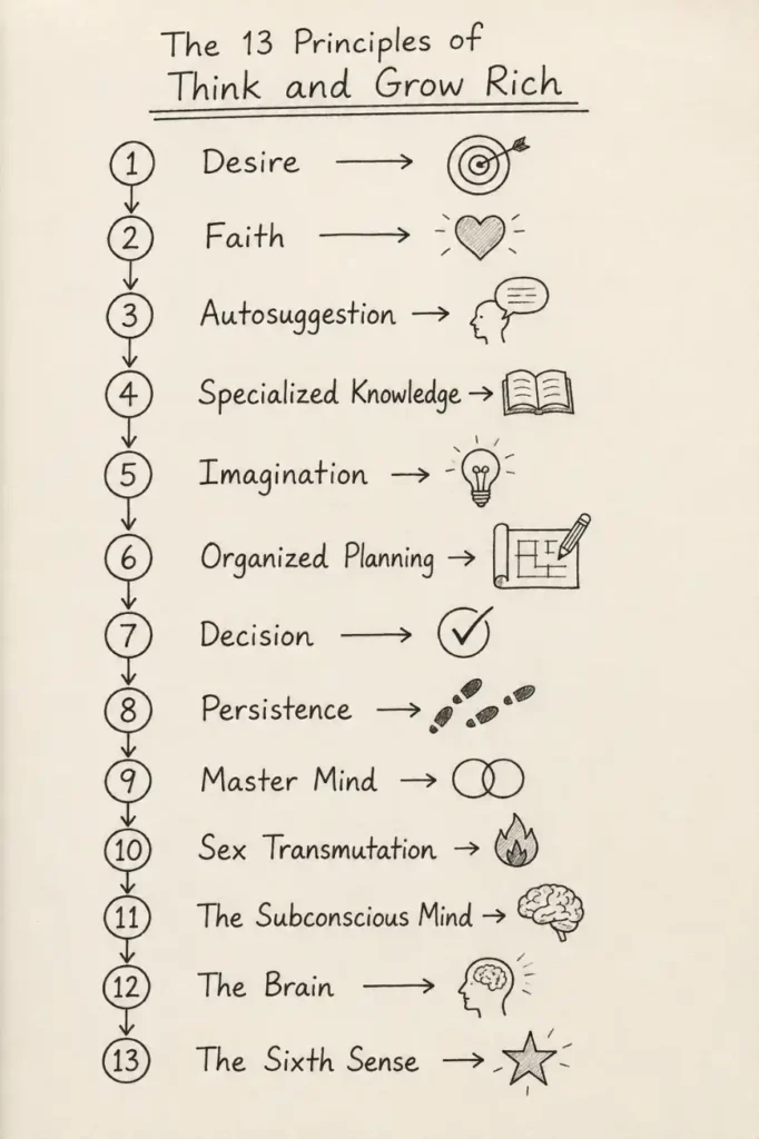 the 13 principles of Think and Grow Rich by Napoleon Hill in order