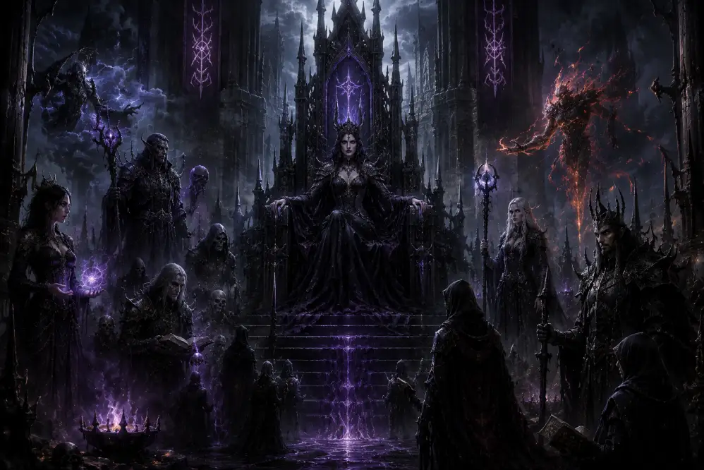 the Witch Queen and the Knight dark sorceress court illustration