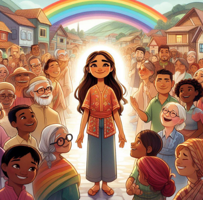 the glowing Rainbow Bridge from Maya's Quest during the village promise ceremony